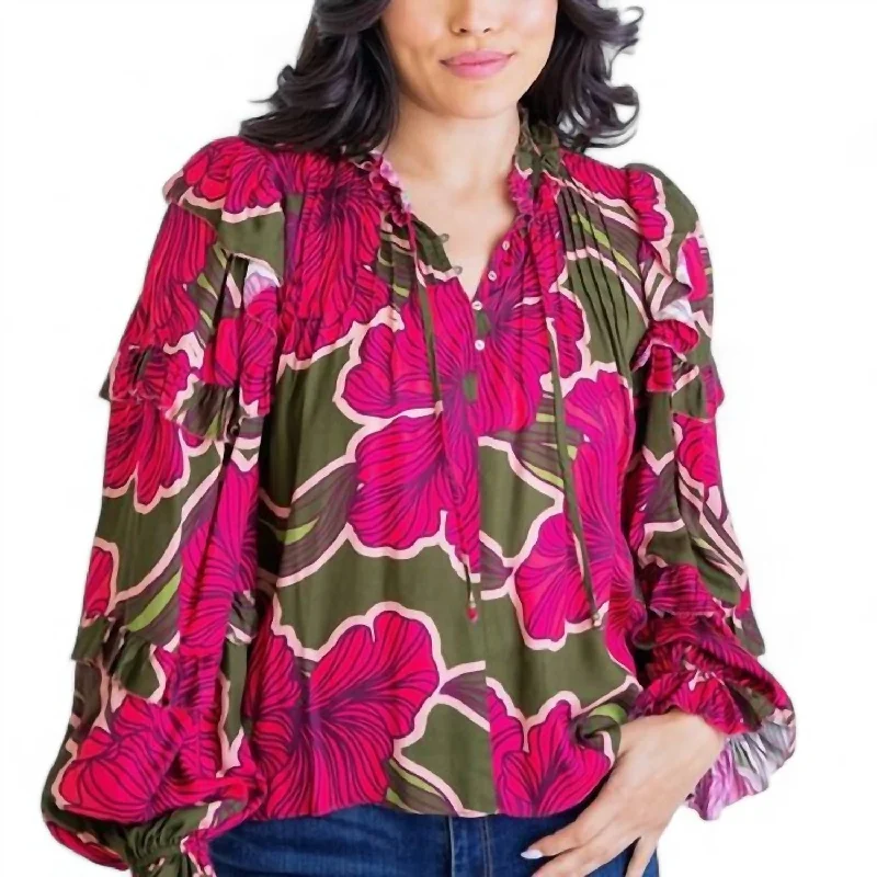 Limited Time Floral Ruffle Sleeve Top In Pink/green