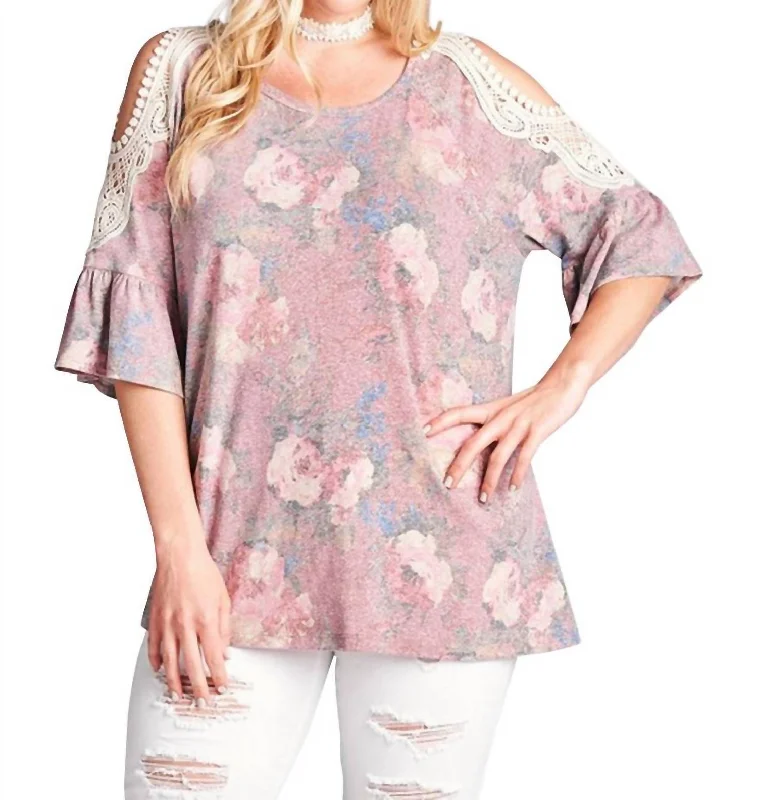 Seasonal Fashion Floral Crochet Washed Top In Rose