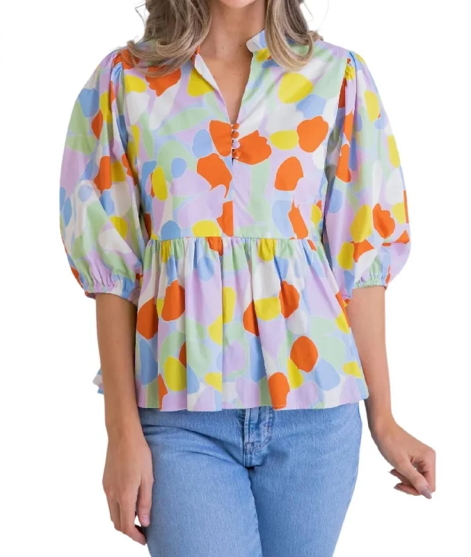 Ends Soon Mosaic Poplin Puff Sleeve Top In Multi