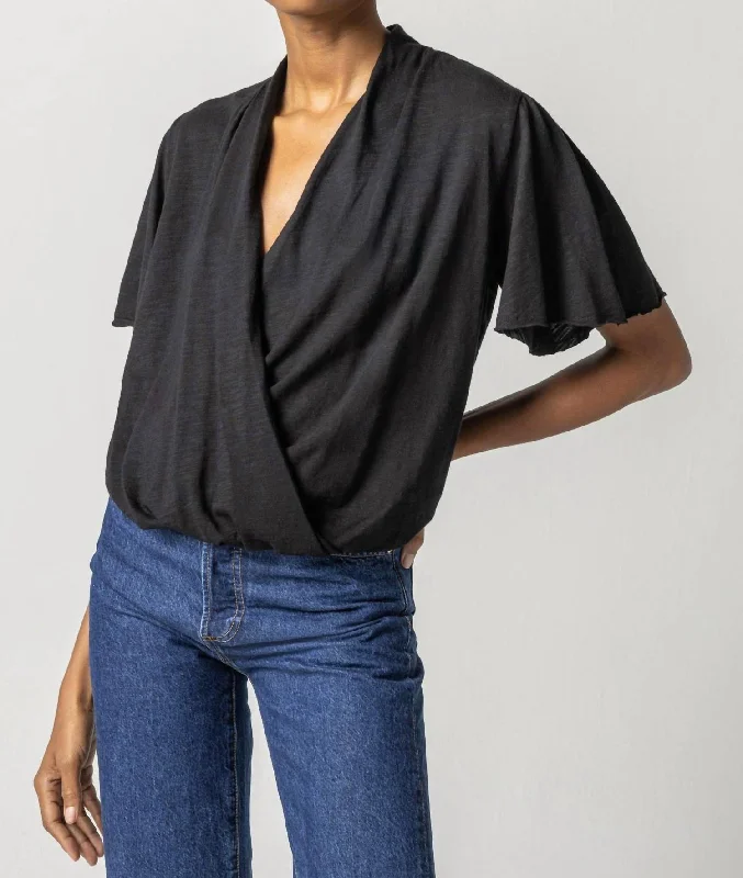 Unbeatable Deals Faux Wrap Flutter Sleeve Top In Black