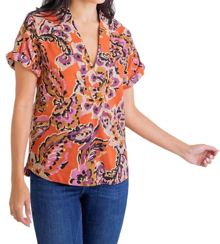 Contemporary Casual Deals Floral Abstract Signature Vneck Top In Rust