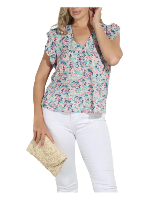 Chic And Trendy Button Ruffle Top In Nadi Print