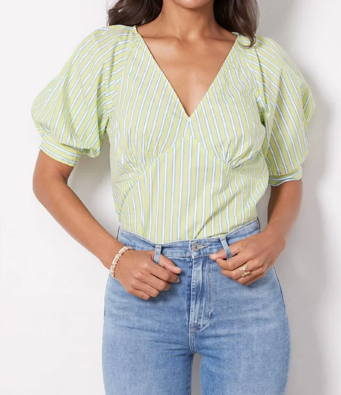 Flash Sale Now V Neck Poplin Top In Green Energy Stripe