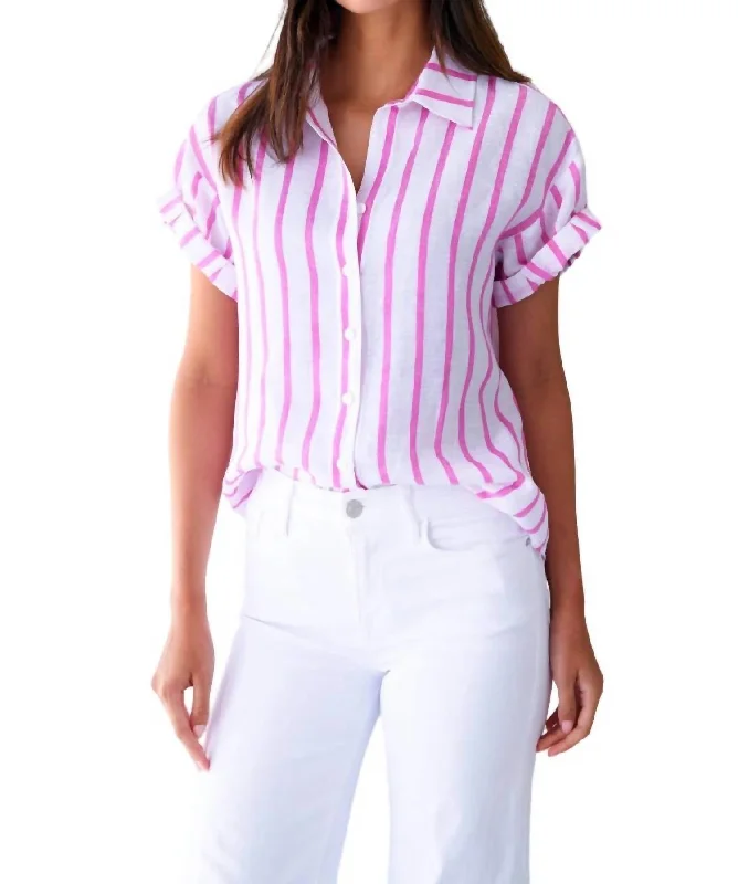 Must Haves Roll Sleeve Camp Shirt In Pink Bold Stripe