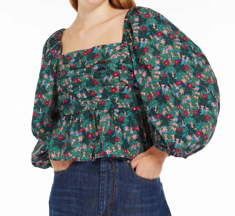 Best Deals Of The Season Weekend Palpiti Poplin Floral Smocked Top In Green Bluebell