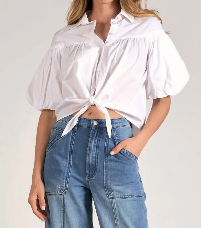 Trend Leading Collection Bubble Sleeve Button Up In White