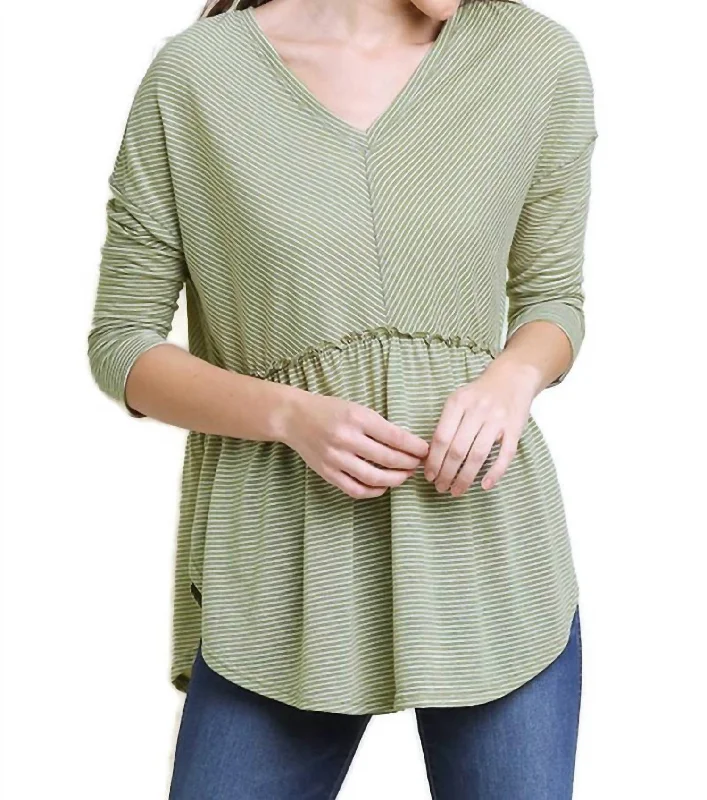 Chic Style, Always In Vogue Babydoll Striped Top In Sage