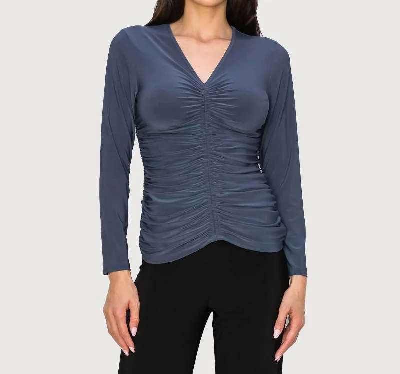 Trend Forward Threads Ruched V-Neck Top In Metal