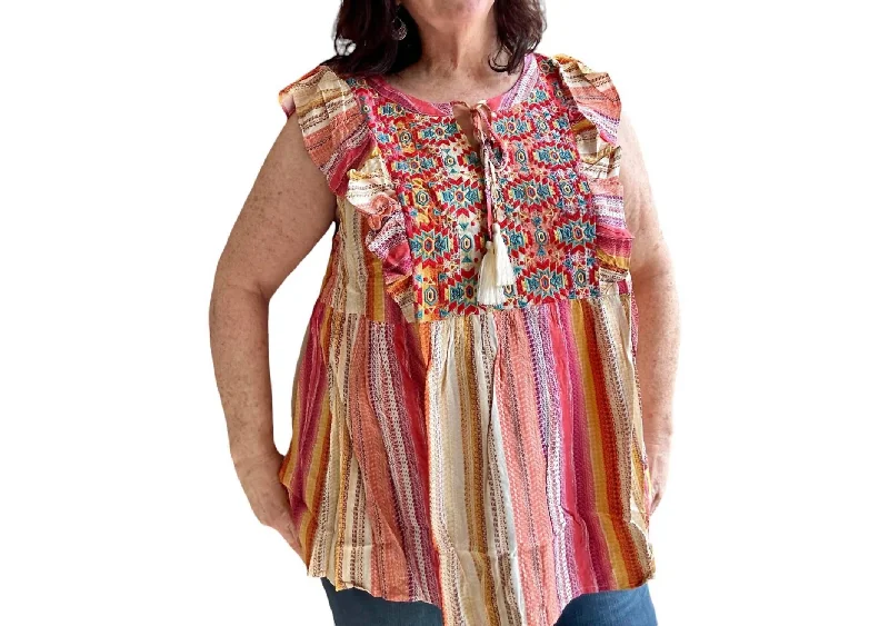 New Arrivals Daria Aztec Embroidery Woven Top In Multicolor