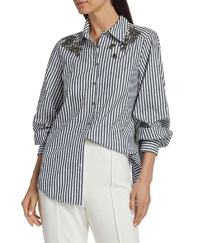 Chic & Cozy Collection Crystal Ivy Stripe Kandice Embellished Shirt In Blue/ivory