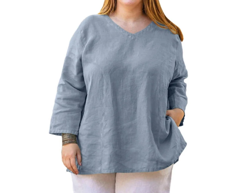 Athleisure Style Sale Linen 3/4 Sleeve V-Neck Top - Plus In Cerulean Blue