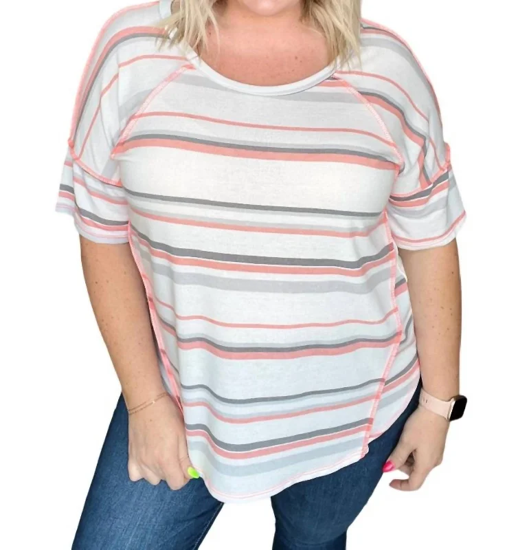 Budget Friendly Round Neck Drop Shoulder Striped Top In Multi