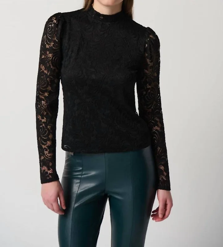 Final Sale Lace Puff Sleeves Top In Black