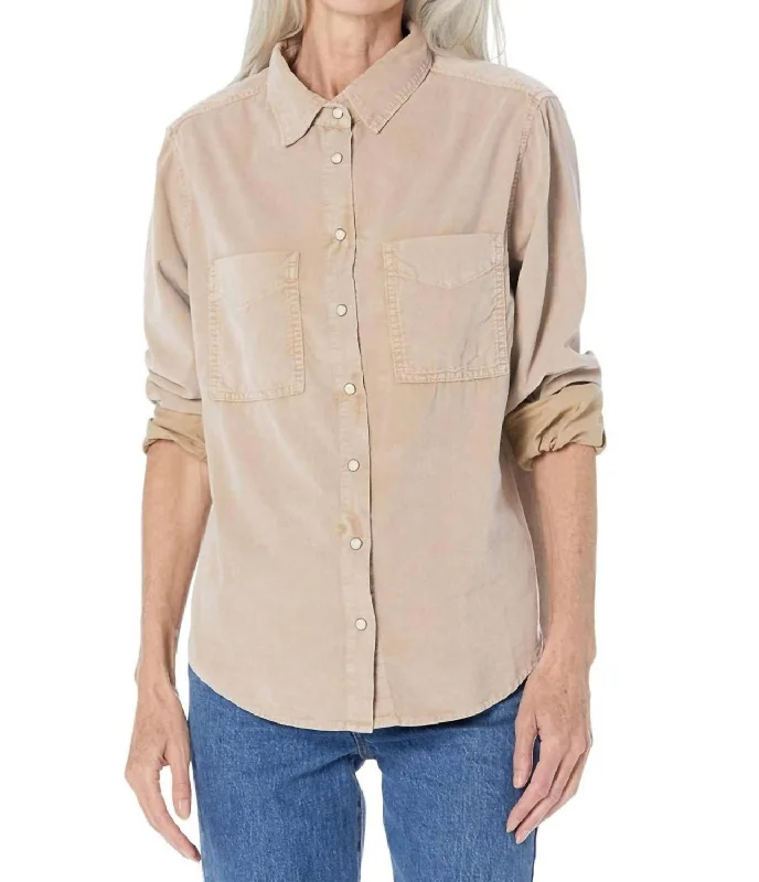 Feminine Luxe Style Sale Cord Tucker Shirt In Laguna Wood