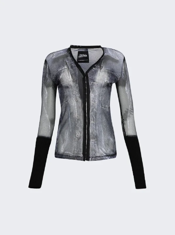 Mega Sales X Jean Paul Gaultier Trompe-l'oeil Denim Sheer Hook And Eye Top Black And White