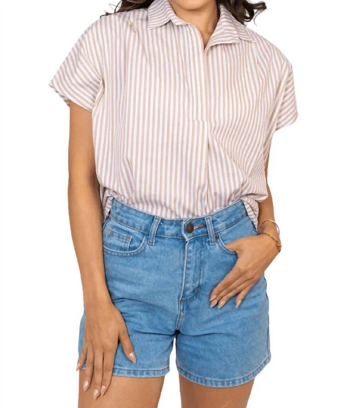 Discover Promotions Stripe Vneck Poplin Top In Tan