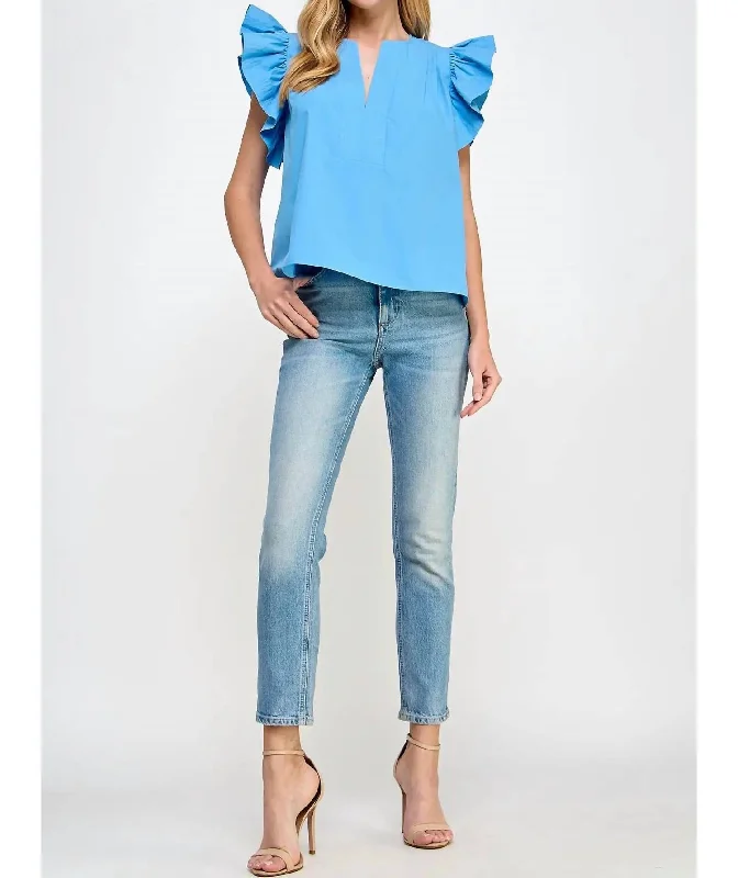 Special Offers Flutter Ruffle Sleeve Poplin Top In Azure Blue