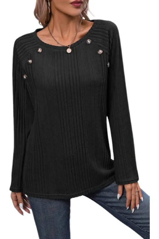 Street Chic Discounts Estella Ribbed Knit Button Detail Top In Black