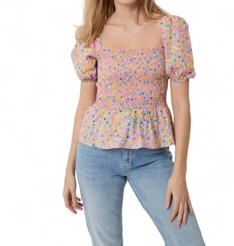 Chic & Cozy Collection Stacie Daisy Smocked Top In Moonlite Mauve Multi