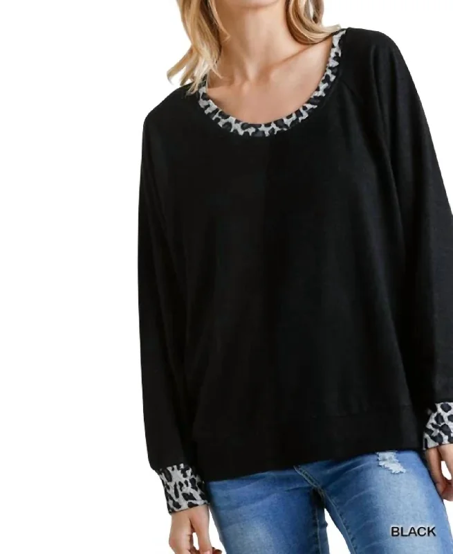 Trendy Women's Wear Collection Animal Print Trimmed Top In Black