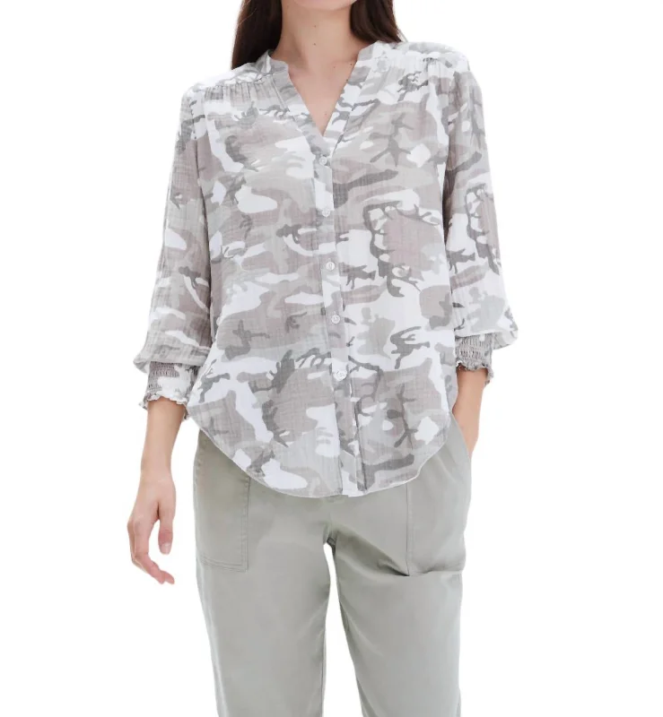 Everyday Elegance Sale Jenny Collarless Shirt In Grey Camo