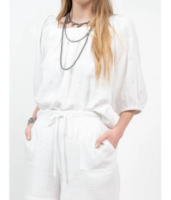 Affordable Luxury Fashion Eyelet Gauze Top In White