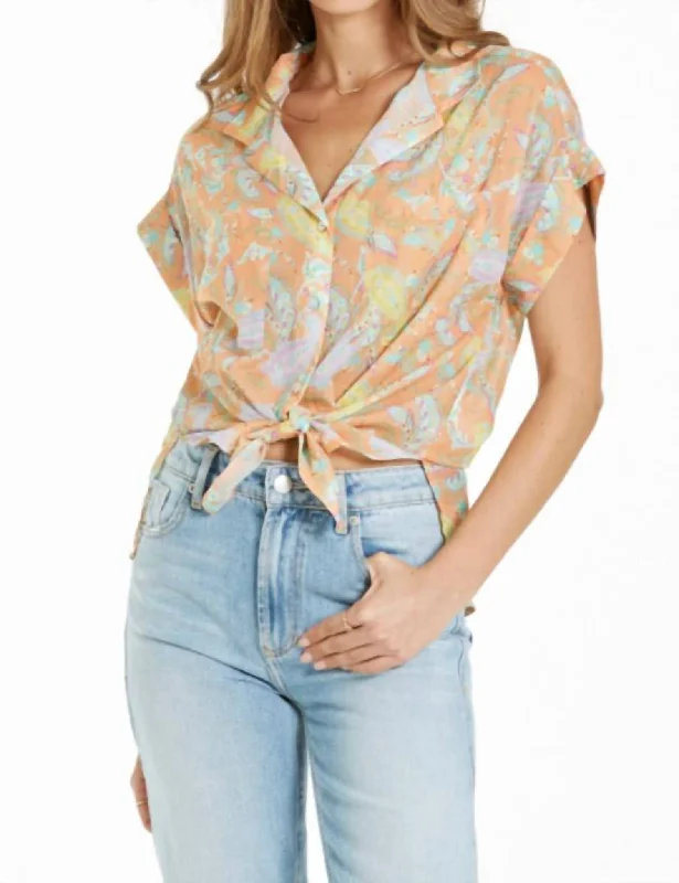 Dive Into Trendy Styles Cali Tie Front Top In Creamsicle Paisley