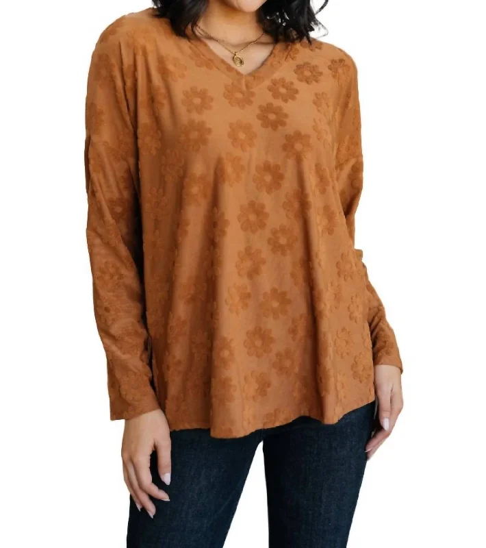 Trendy Pulse Perfect In Pansies V-Neck Top In Brown