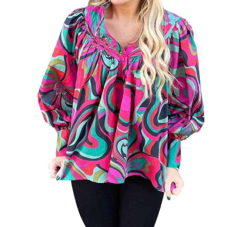 Limited Stock Swirl Pleat Top In Magenta/green