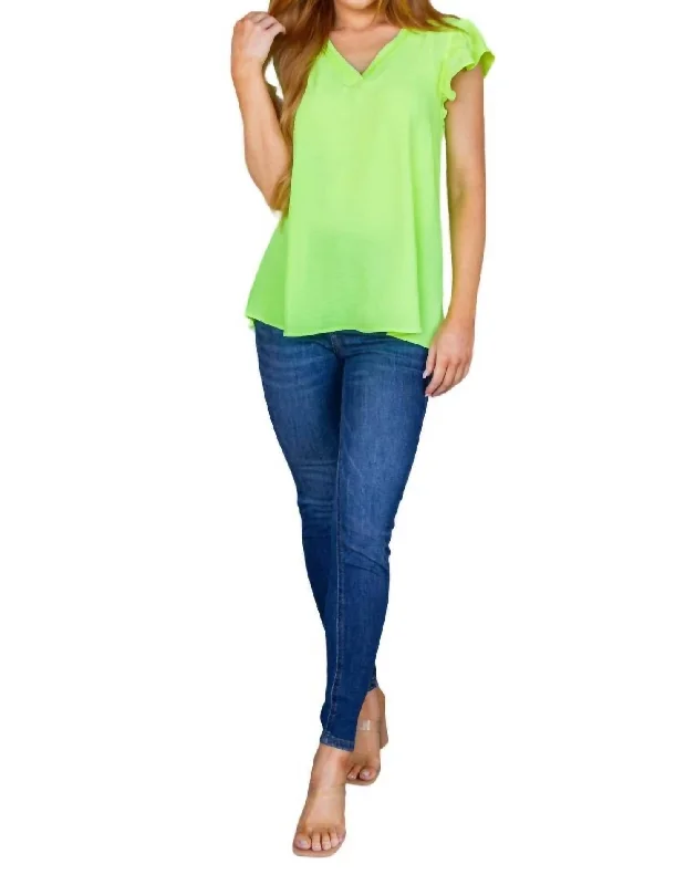 Trendy Fashion Sale Under Neon Lights Ruffle Sleeve Top In Neon Yellow-Green