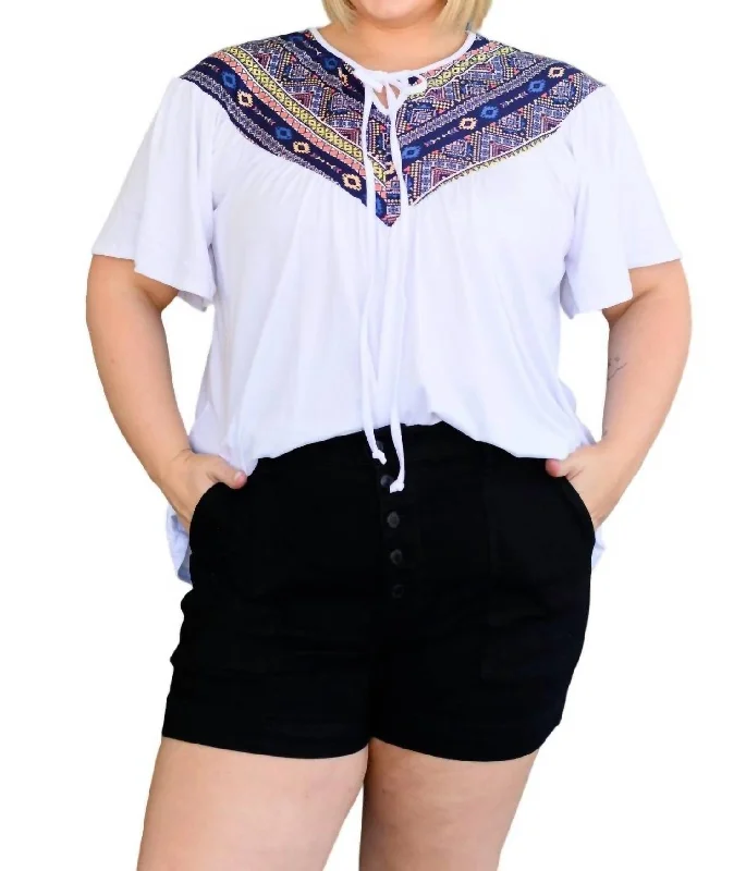 Discover Now Casually Boho Keyhole Neckline Top In White/navy