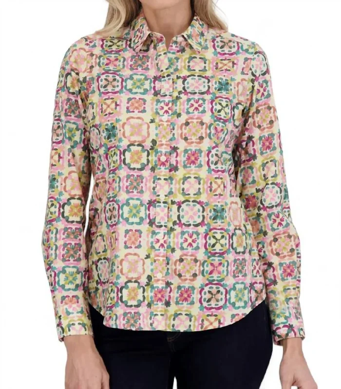 Forward Trendsetter Zoey No Iron Watercolor Tile Shirt In Multi