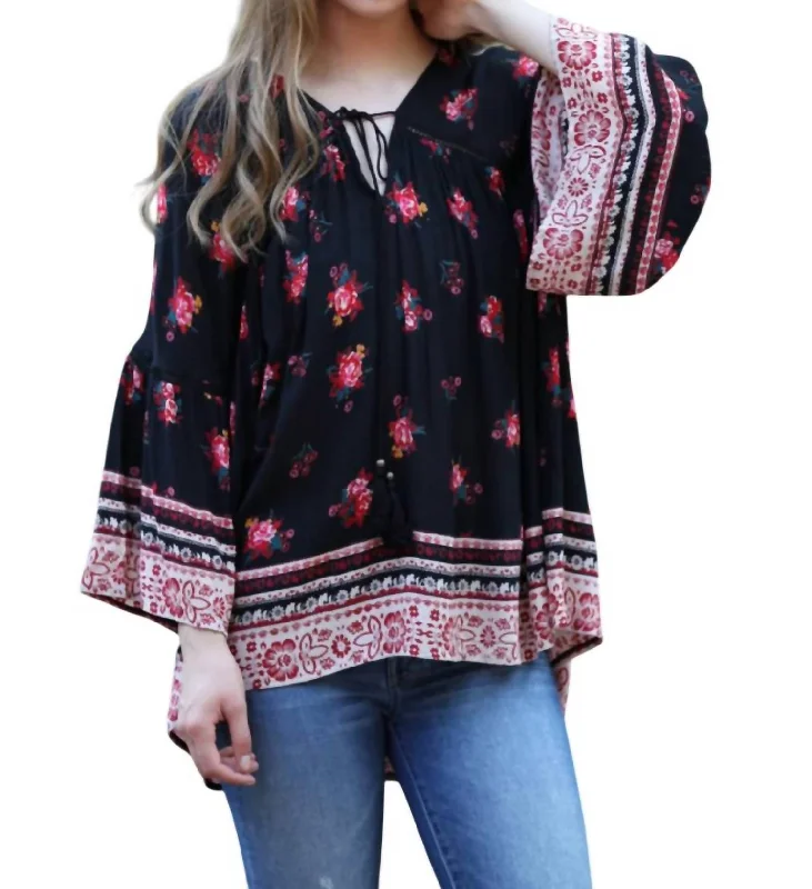 Seasonal Trends Floral Print Peasant Top In Black/red