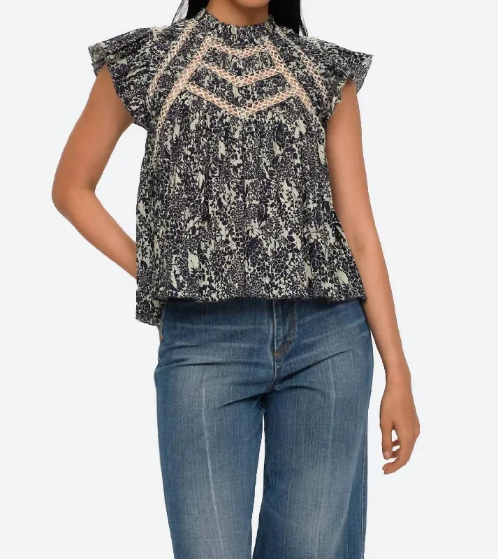 Premium Style Priya Print Flutter Sleeve Top In Navy