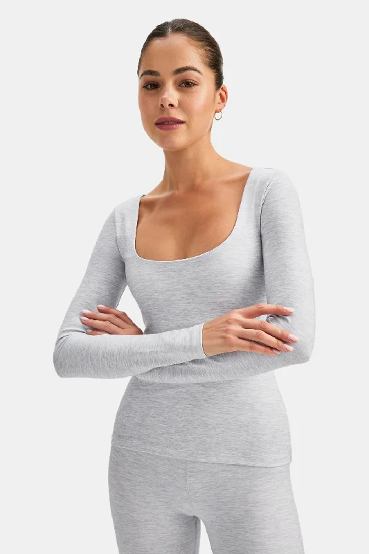 Women's Elegant Evening Attire Minimalist Fashion Sale DAYFLEX BUILT-IN SUPPORT SCOOP NECK LONG SLEEVE TOP - GREY MARL