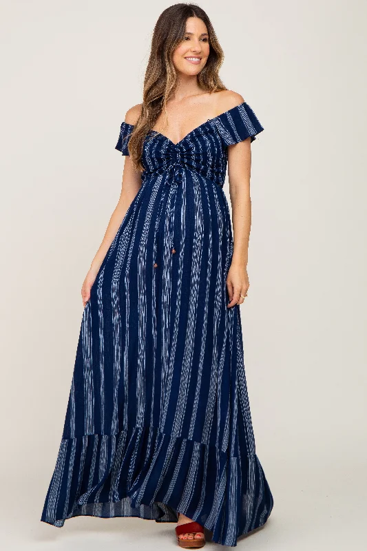 Women's Outfit Sale Event, Prices Rock Navy Blue Striped Off Shoulder Front Tie Maternity Maxi Dress