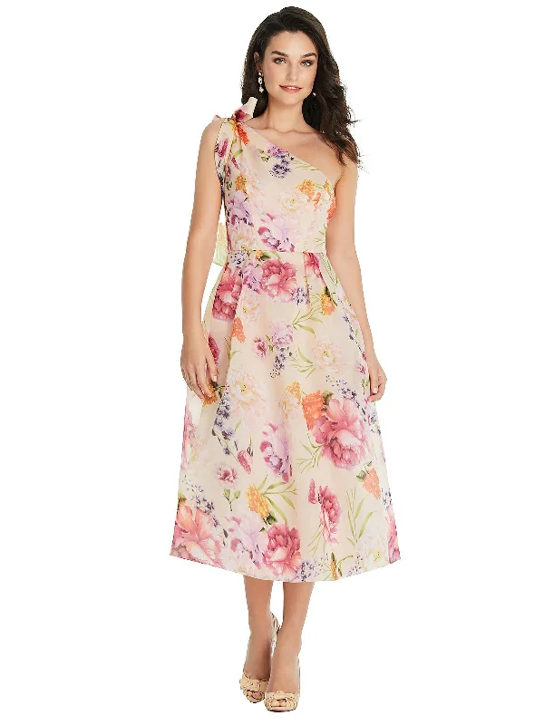 Women's Vintage Attire Hot Styles Scarf-Tie One-Shoulder Pink Floral Organdy Midi Dress