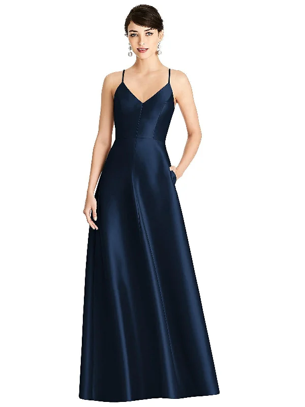 Women's Evening Wear Attire Stylish Looks V-Neck Full Skirt Satin Maxi Dress