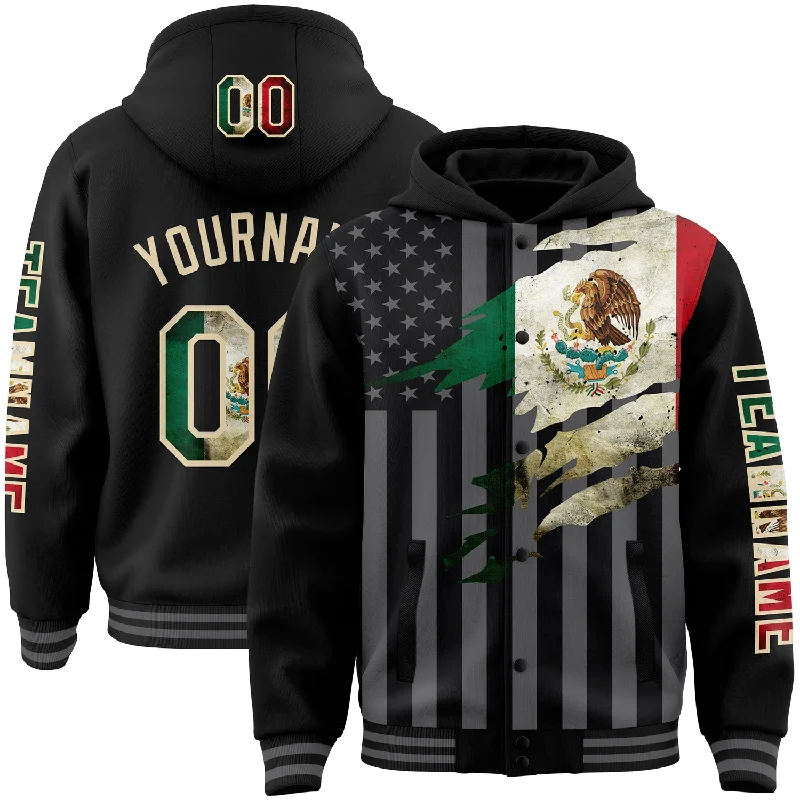 Unisex Everyday Fashion Essentials Enjoy Discount Custom Black Vintage Mexican Flag Cream-Gray Mexico 3D Bomber Full-Snap Varsity Letterman Hoodie Jacket