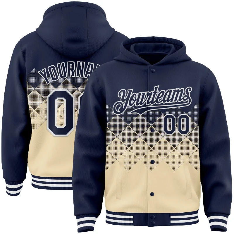 Elegant And Minimal Gender-Free Clothing Casual Chic Deals Custom Navy Cream-White Gradient Square Shape 3D Pattern Design Bomber Full-Snap Varsity Letterman Hoodie Jacket