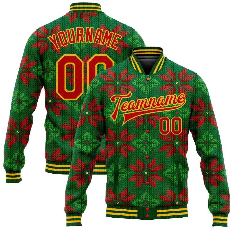 Versatile Clothing For All Genders Fashion Forward Custom Green Red-Gold Christmas 3D Bomber Full-Snap Varsity Letterman Jacket