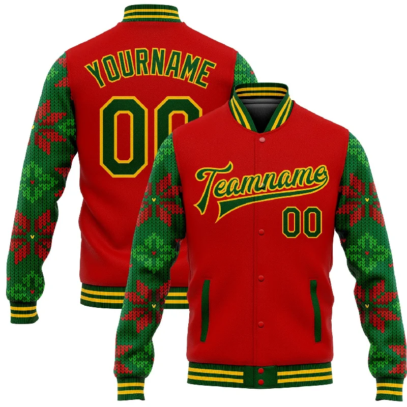 Versatile Unisex Layering Pieces Chic Styles Custom Red Green-Gold Christmas 3D Bomber Full-Snap Varsity Letterman Jacket