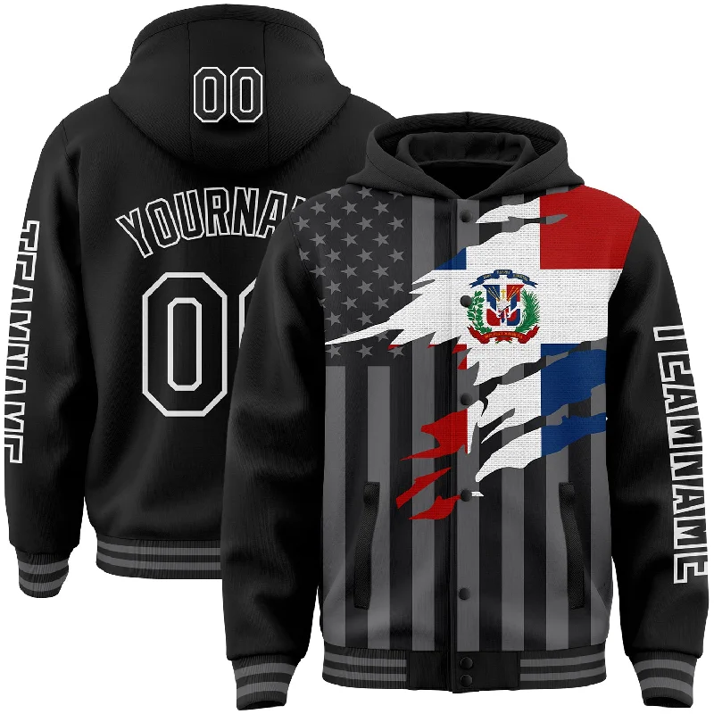 Minimalist Unisex Fashion Must-Haves Style Redefined Custom Black Gray-White Dominican Republic Flag 3D Bomber Full-Snap Varsity Letterman Hoodie Jacket