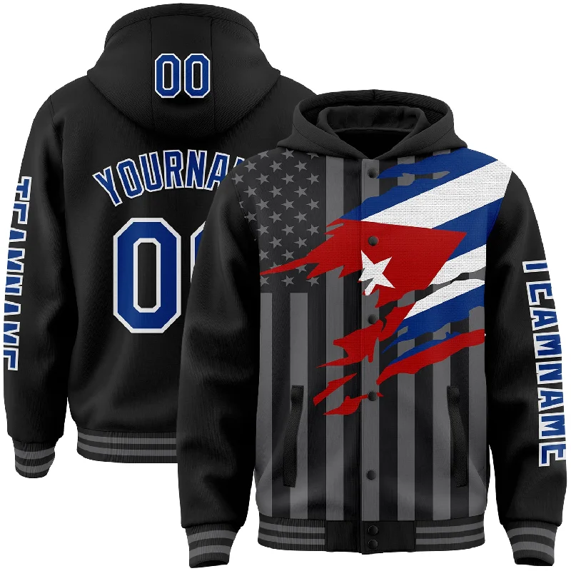 Versatile Gender-Free Wardrobe Essentials Fashion Forward Femininity Custom Black Royal-Gray Cuba Cuban Flag 3D Bomber Full-Snap Varsity Letterman Hoodie Jacket