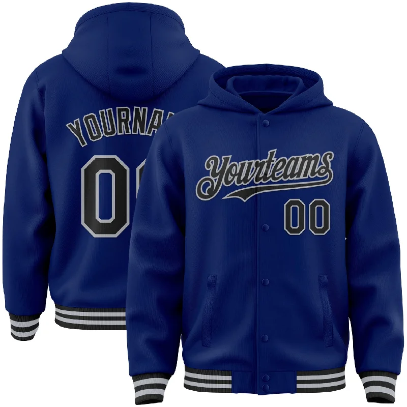 Gender-Neutral Trendy Clothing Styles Must-Have Style Discounts Custom Royal Black-Gray Bomber Full-Snap Varsity Letterman Hoodie Jacket