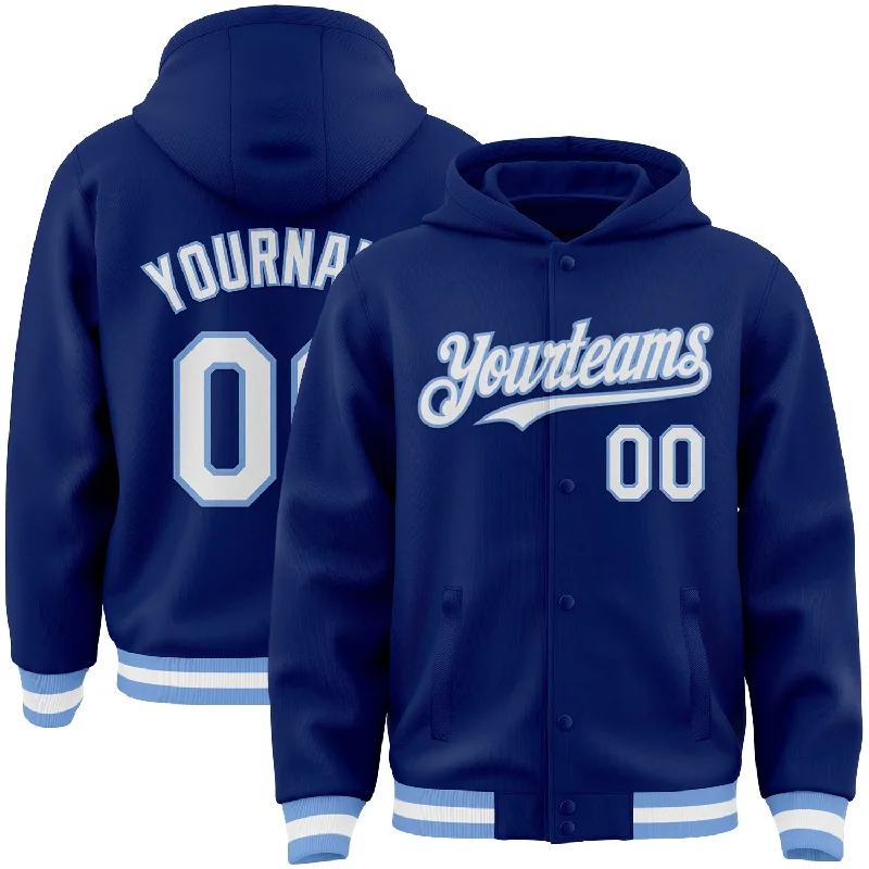 Soft And Breathable Unisex Loungewear Catch Every Fashion Trend Custom Royal White-Light Blue Bomber Full-Snap Varsity Letterman Hoodie Jacket