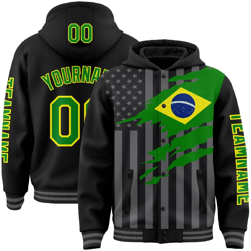 Functional And Stylish Unisex Outerwear Weekend Exclusive Custom Black Grass Green Light Yellow-Gray Brasil Brazilian Flag 3D Bomber Full-Snap Varsity Letterman Hoodie Jacket