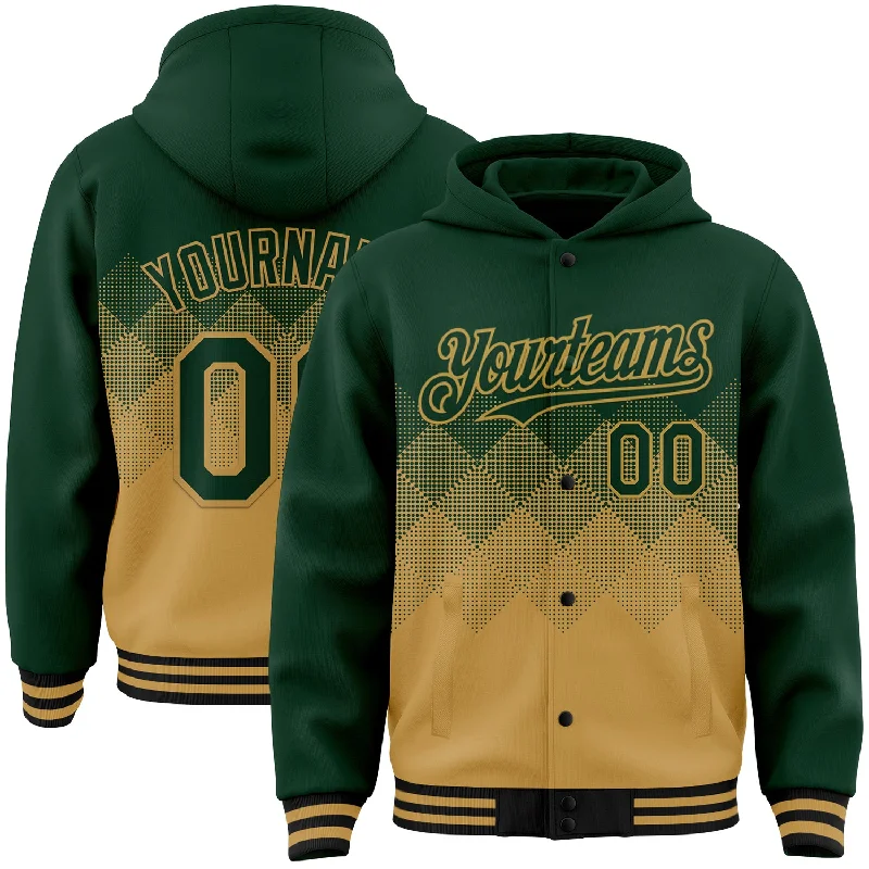 Chic And Contemporary Unisex Clothing Choices Chic Style Discounts Custom Green Old Gold-Black Gradient Square Shape 3D Pattern Design Bomber Full-Snap Varsity Letterman Hoodie Jacket