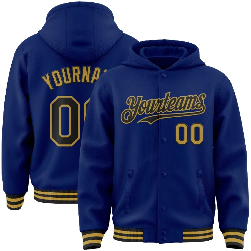 Fashion-Forward Gender-Neutral Outerwear Fashion Sale Custom Royal Black-Old Gold Bomber Full-Snap Varsity Letterman Hoodie Jacket