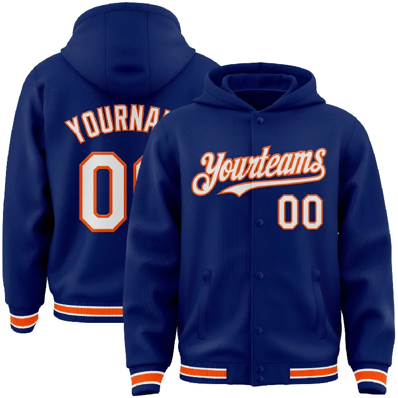 Classic And Timeless Unisex Style Fashion-Forward Custom Royal White-Orange Bomber Full-Snap Varsity Letterman Hoodie Jacket